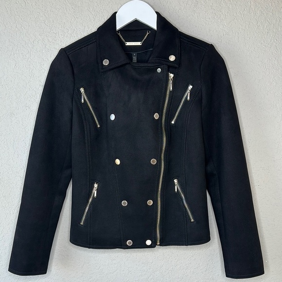 WHBM Faux Suede Vegan Moto Jacket Black with Gold Tone Zippers and Snaps Size 2 - Picture 4 of 16